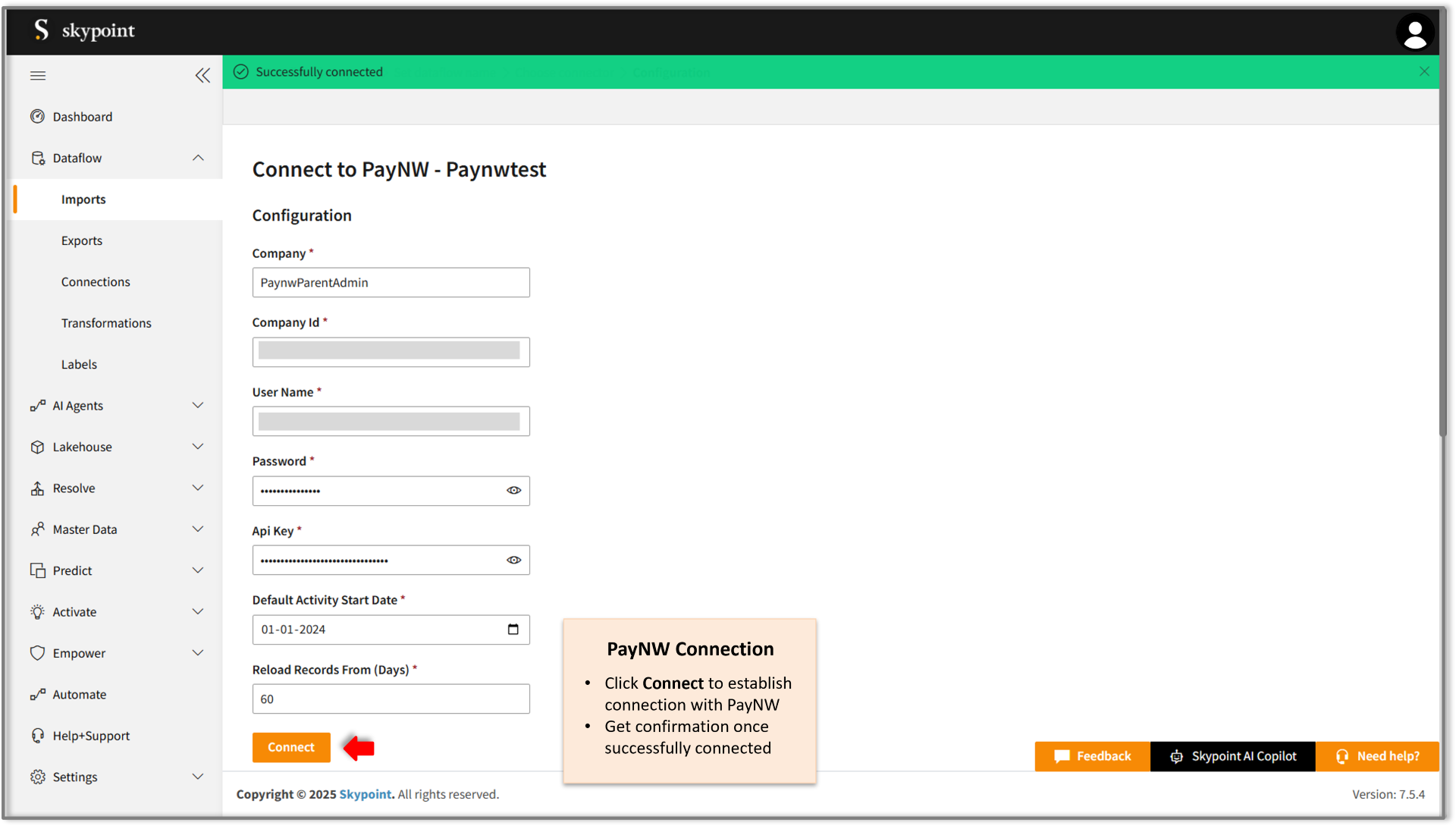 Connect paynw account on skypoint ai