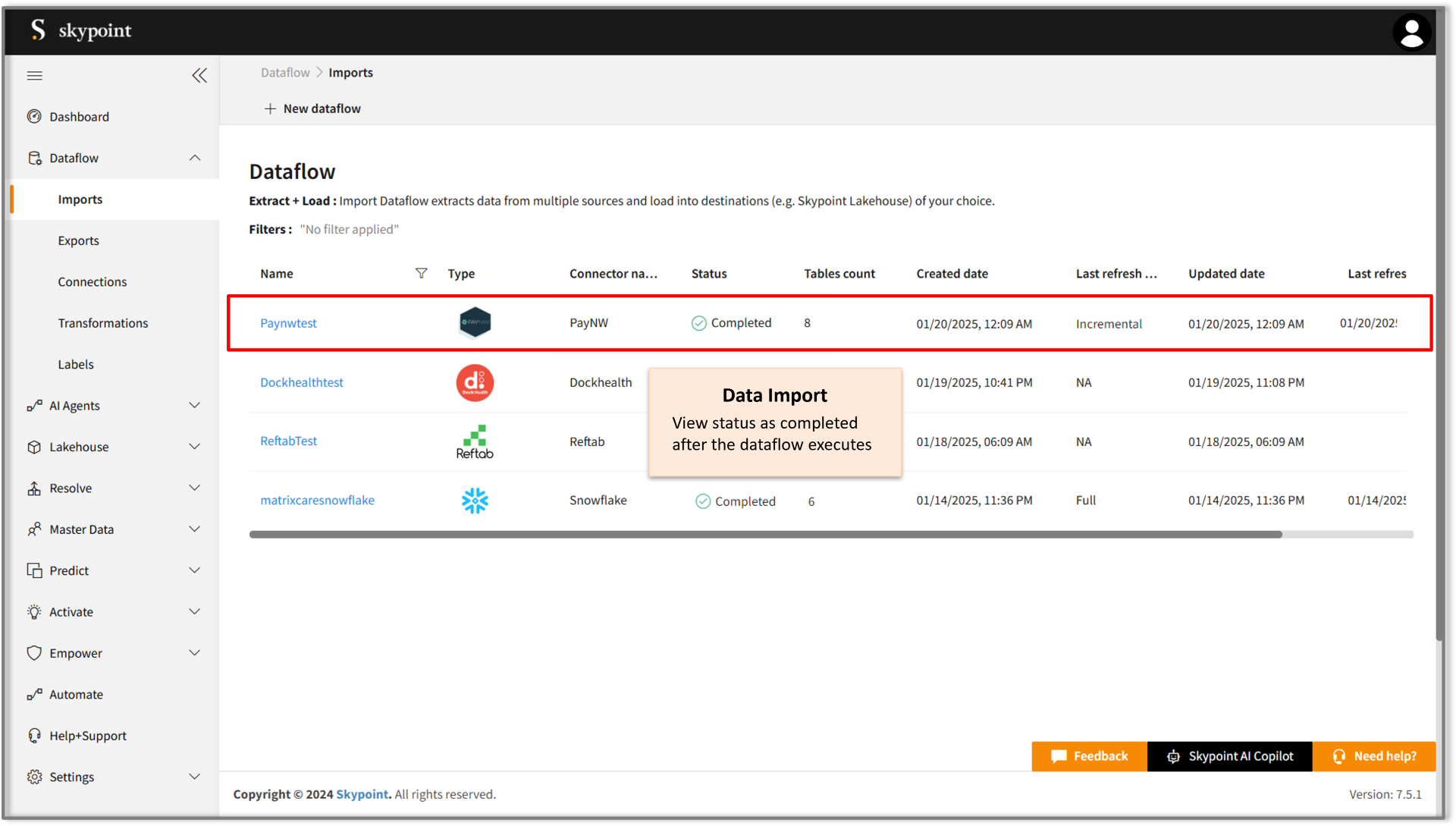 Data import complete from paynw on skypoint ai