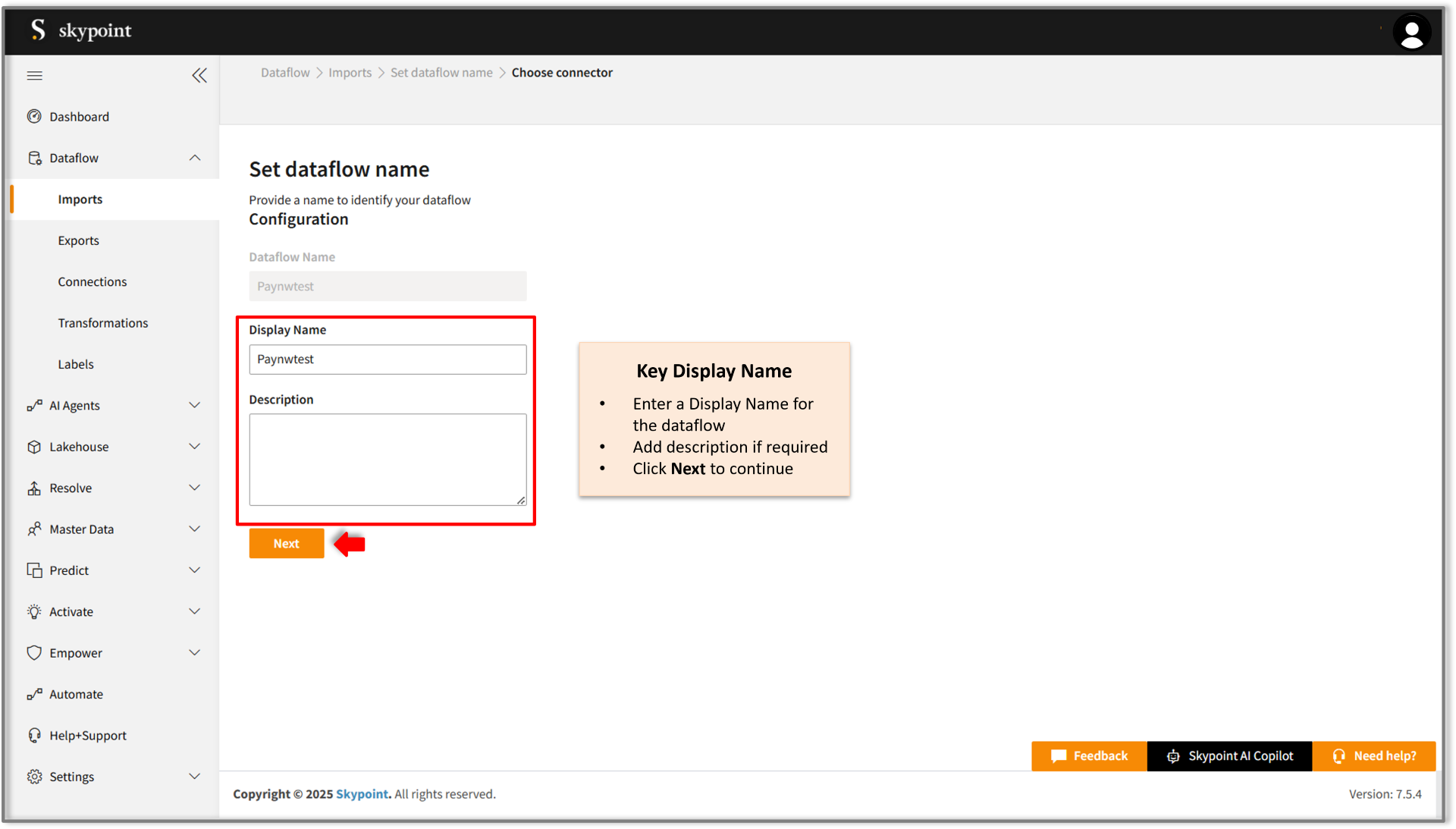 Key display name for paynw connector dataflow