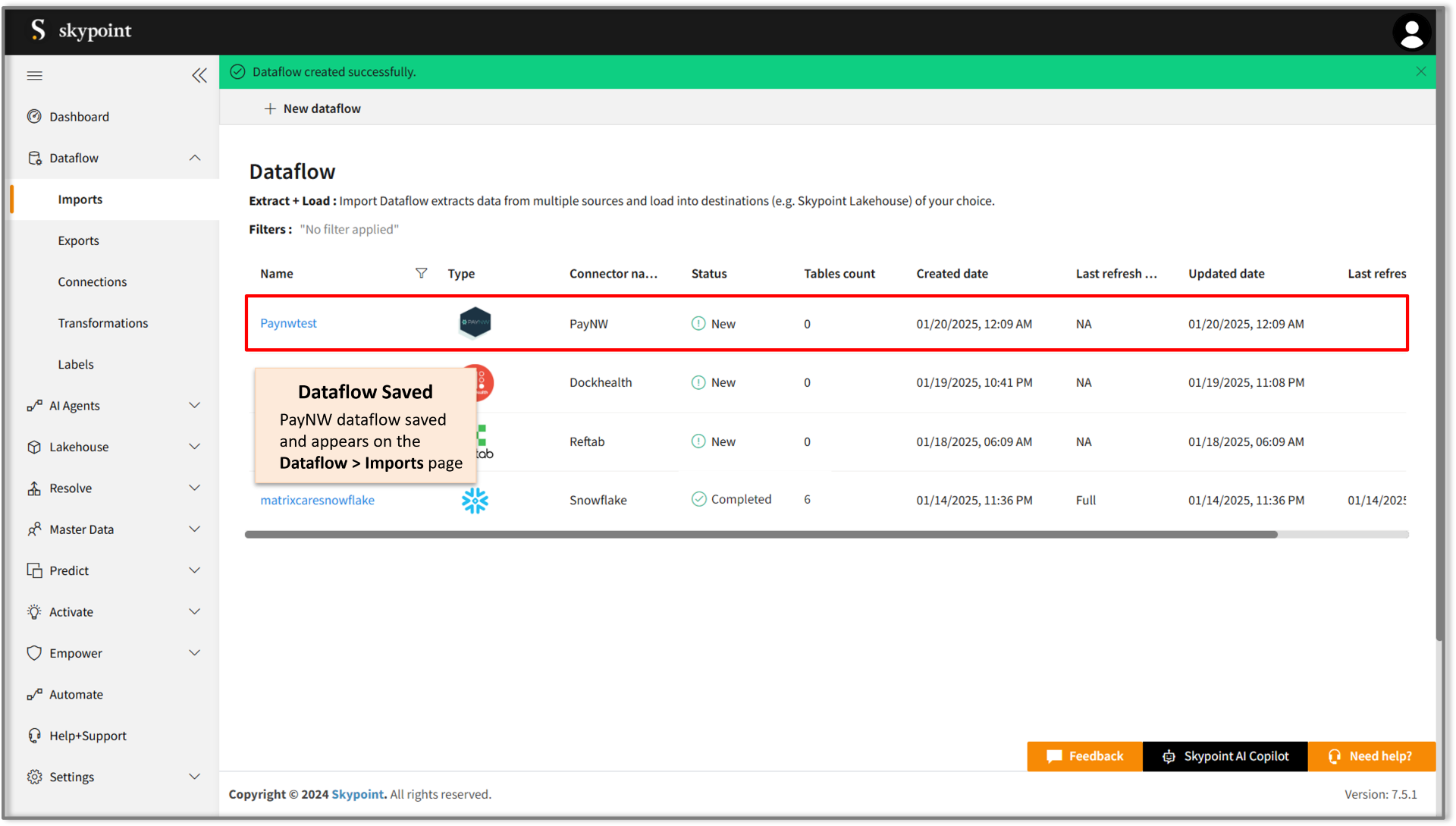 Save paynw dataflow on skypoint ai