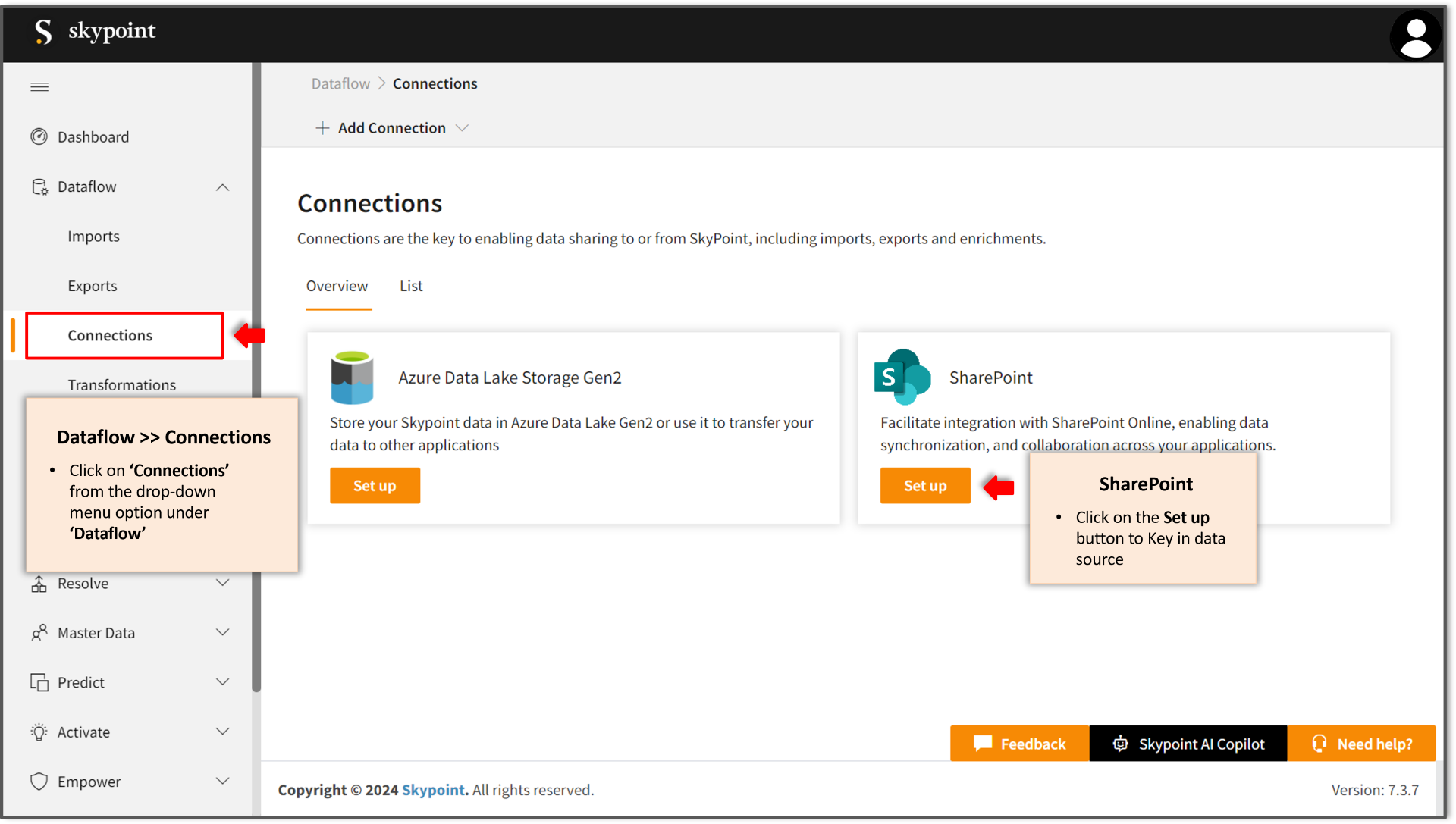 Navigate to dataflow, click on connections